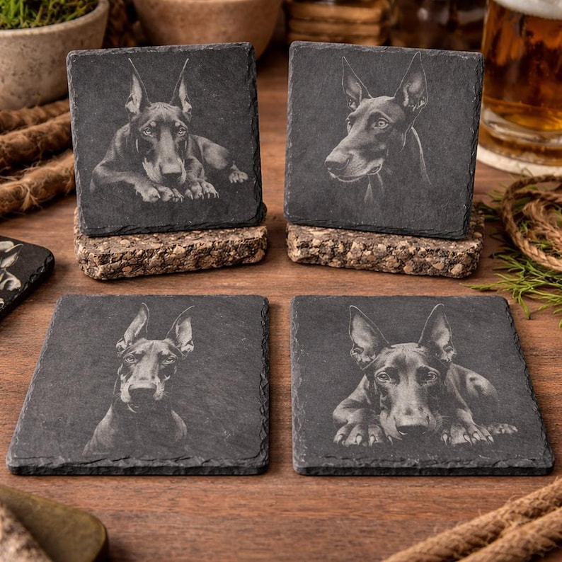 Doberman Slate Coaster Set – Sleek Guardian Dog Art (Set of 4) image 1
