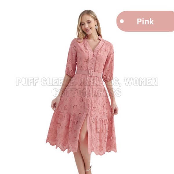 Cotton Hollow Out Summer Dress for Women Holiday Perppy Casual High Waist Ruffled Mini V-Neck Dresses A-line Solid Color Wedding Party Dress