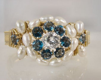 14K Yellow Rolled Gold Wire Wrapped Blue Topaz, Freshwater Pearls and Cubic Zirconia Bangle Bracelet