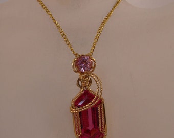 Yellow 14k Rolled Gold Fancy Cut Deep Pink Topaz with Round Light Topaz  Pendant