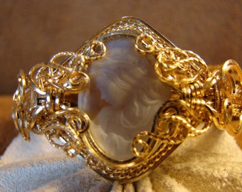 Brown Agate Ultrasonic Carved Cameo set in 14K Rolled Gold Bangle Bracelet