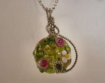 Sterling Silver Floral Lampwork Pendant, green, pink, white, yellow