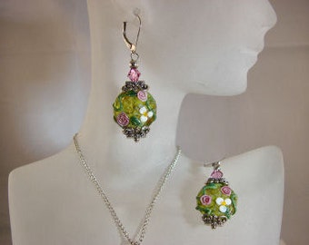 Sterling Silver Floral Lampwork Earrings with a Bali Bead Caps and Swarovski Crystals