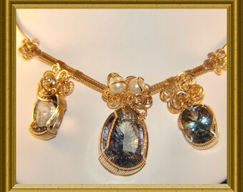 Gold 60 Ct Blue Quartz and Fresh Water Pearls Necklace