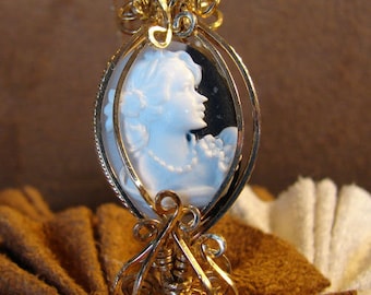 Black and White Molded Resin Cameo set in 14K Rolled Gold Bangle Bracelet