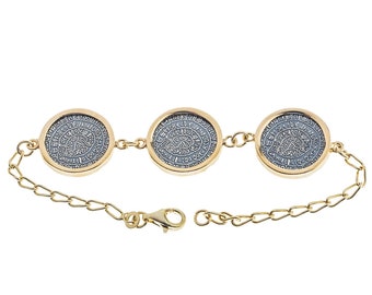 Minoan Phaistos Disks ~ Sterling Silver & Gold Accents Link Station Bracelet