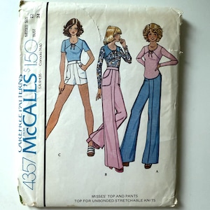 May include: A vintage sewing pattern for a misses' top and pants. The pattern is for unbonded stretchable knits. The pattern shows three different styles of tops and pants. The pattern is from McCall's and is number 4357.