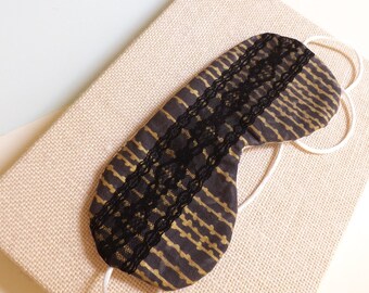 black lace sleep mask with gray and gold cotton - travel mask - quilted sleeping mask