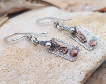 Mixed Metal Everyday Earrings// Brass// Copper// Silver// Oxidized Metal Earrings// Medium Length Earrings//  Textured Earrings