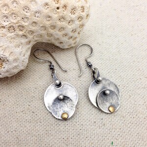 Wanderlust Earrings// Oxidized Sterling Silver Earrings// Brass Accent // Hammered Discs Earrings// Artisan Mixed Metal Earrings// Handmade.