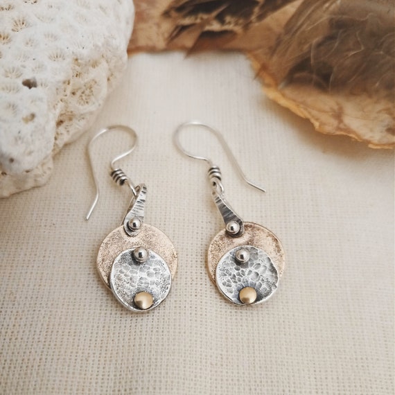 Mixed Metal Earrings bronze and Silver Round Earrings oxidized