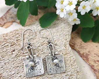 SS Flower Stamped Earrings// SS White Pearl Earrings// Oxidized SS Earrings// Mother's Day Earrings