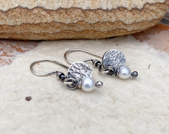 Small Sterling Silver White Pearl with Hammered Disc Earrings