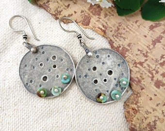 Evergreen SS Large Discs// Solid SS Disc Earrings// Organic Disc Earrings// Disc Earrings with Turquoise// Handmade