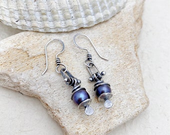 SS Peacock Purple Freshwater Pearl Drop Earrings