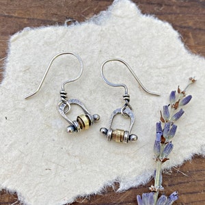 Oxidized Sterling Silver Stirrup Earrings: Mixed Metal Brass Beads