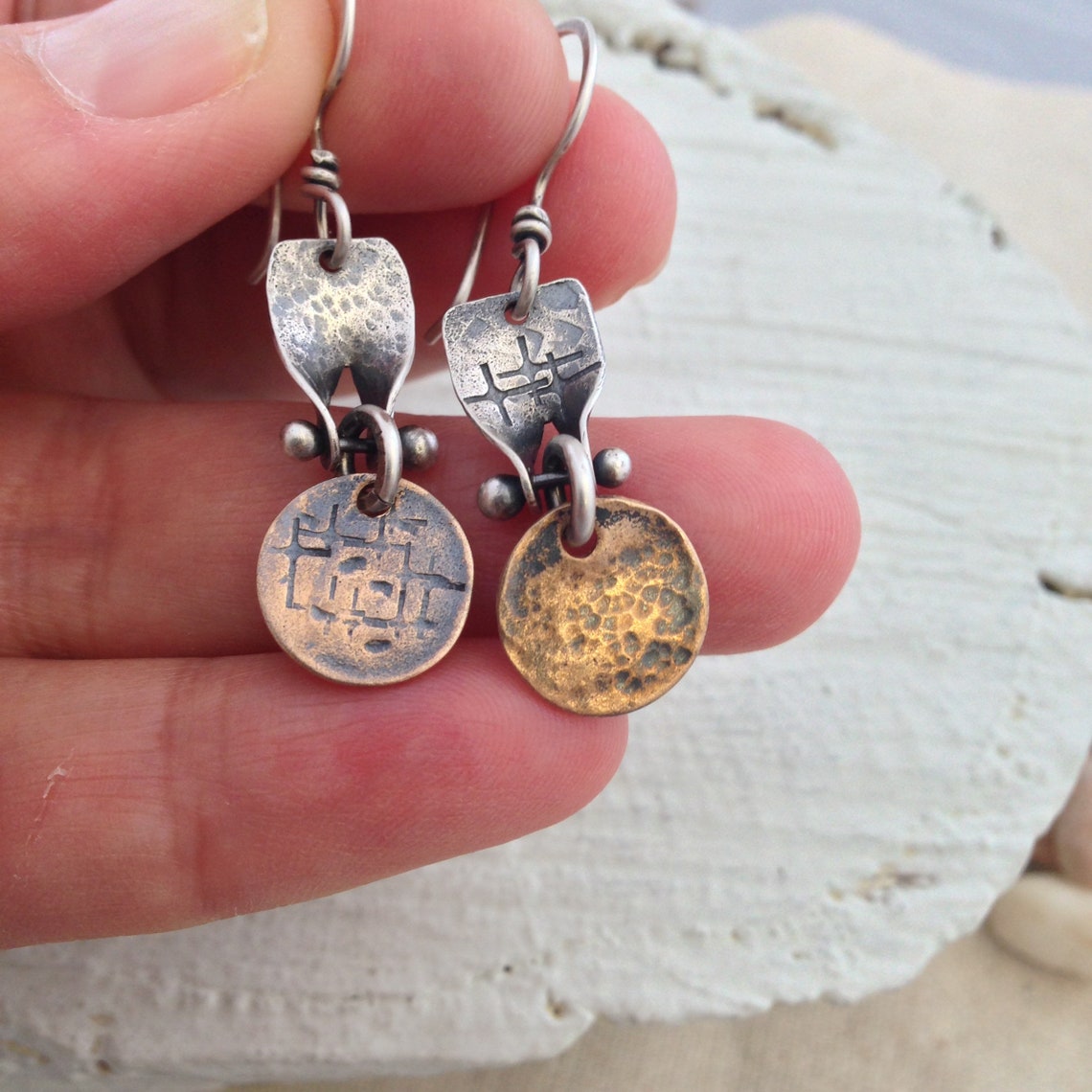 Mismatched Earrings-mixed Metal Earrings-stamped - Etsy