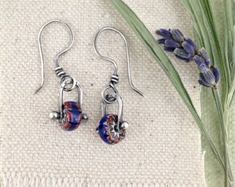 Sterling Silver Small Red,Blue and White Chevron Glass Stirrup Earrings