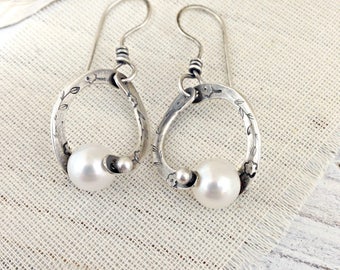 Small Split Sterling Silver White Pearl Hoops with Floral Design