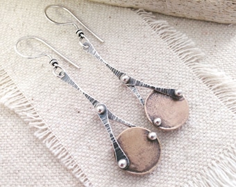 Traveler's Earrings// Mixed Metal// Bronze and Silver// Long Dangles// Artisan Earrings// Handmade.