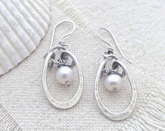 Sterling Silver Hoop Earring with White Pearl// Oblong Hoop// Oxidized Silver Earrings// Artisan Earrings// Handmade.