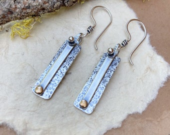 SS Oxidized Long Rectangle Earrings with a Bi-Textured Patina