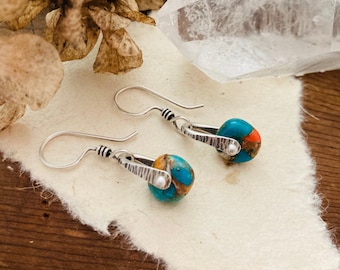 Sterling Silver Turquoise, Bronze, Oyster Shell Stirrup Earrings