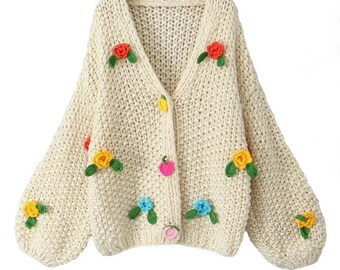 Blanc / Cardigan en tricot / Pull fait main