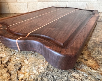 Walnut Cutting Board - Serving  - Black Walnut with Maple Accents - Handcrafted Live Edge - Solid Wood Free US Shipping Lower 48 States