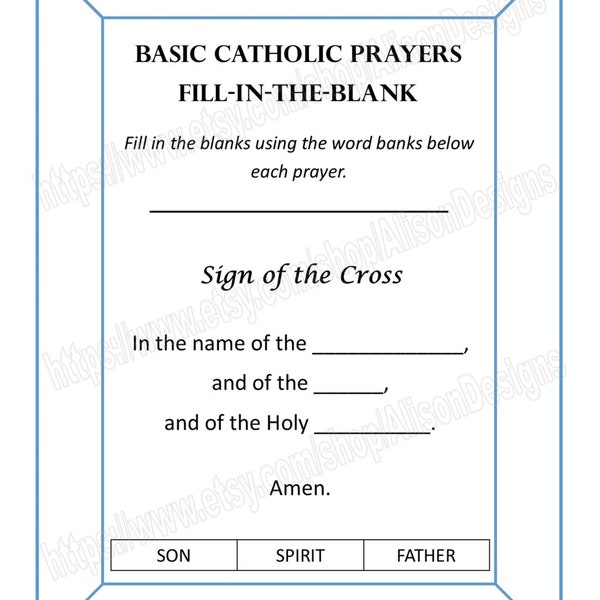 10 Basic Catholic Prayers, Printable Fill-In-The-Blank Worksheets With and Without Word Banks --- Instant PDF Download