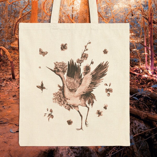 Forest Spirit Bird,Medieval Fairy Tales,Fairycore Aesthetic Cotton Tote Bag,Goblincore,Nature Cottagecore,Forest Animals,Forest Grunge Style