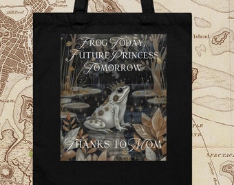 Eco-Friendly Tote Bag,Gift For Mom,Vintage Fantasy Lover,Frog Princess,Frogcore,Goblincore,Cottagecore,Magical Gift