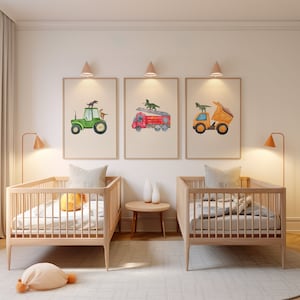Dinosaur & Truck Nursery Prints: Boys Bedroom Wall Art (Digital Download)