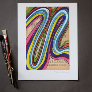 May include: A colorful abstract painting on a vintage book page. The painting features a series of overlapping, curved lines in shades of blue, green, yellow, pink, and orange. The lines create a dynamic and energetic composition.