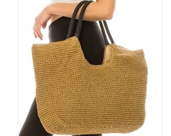 Hand crocheted toyo straw beach bag with wrapped straw handles shopping basket,straw beach bag