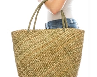 Natural straw tote bag in handwoven sustainable seagrass shopping basket,straw beach bag