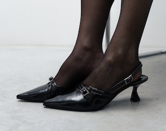 Vintage-Inspired Black Patent Slingbacks: High Heel Pumps