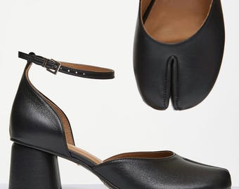 Handmade Black Leather Tabi Heels: Women's Split Toe Shoes