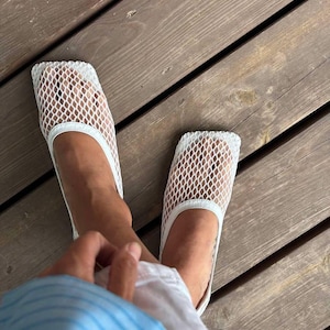 White Mesh Ballet Flats | White Leather Ballet Shoes with Mesh Detailing | Women&#39;s Ballet Flats | Leather Shoes with Stunning Mesh Covering