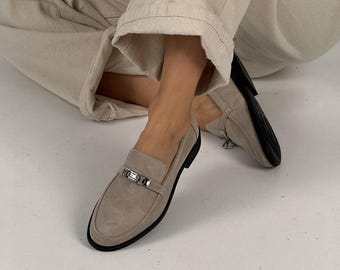 Sand Suede Loafers: Women's Slip-On Shoes with Accessories