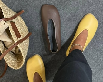 Handmade Yellow Leather Ballet Flats: Women's Anatomical Toe Support