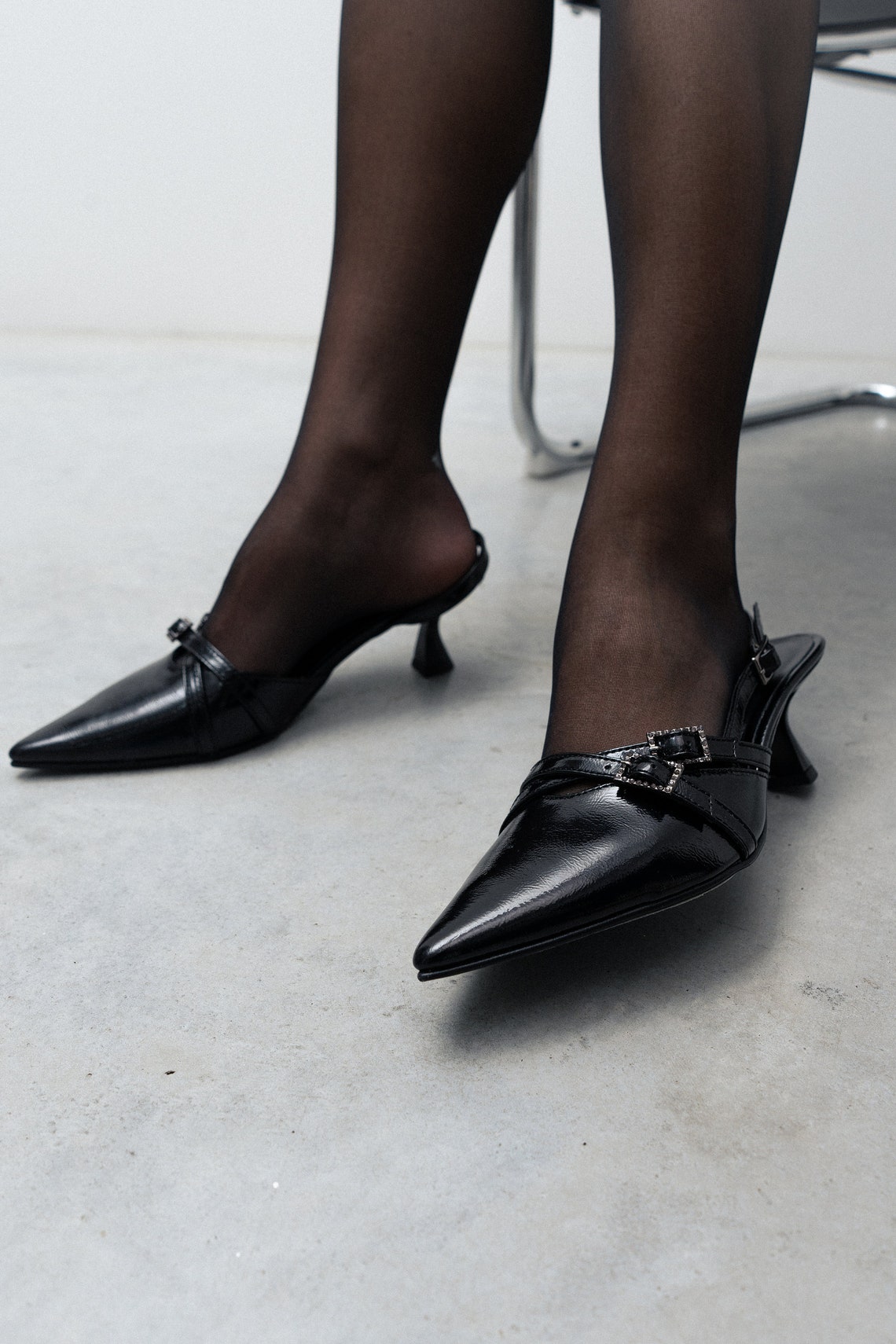 SLINGBACK HEEL 10 CM IN BLACK PATENT CALFSKIN