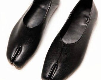 Black Leather Tabi Ballet Flats | Genuine Leather Split Toe Shoes