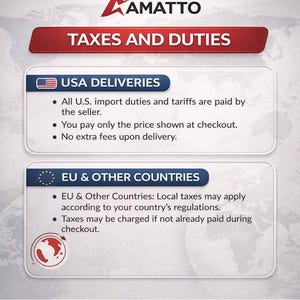 May include: Graphic with the text "TAXES AND DUTIES" and information about USA and EU deliveries. The USA section states that import duties and tariffs are paid by the seller. The EU section mentions local taxes may apply.