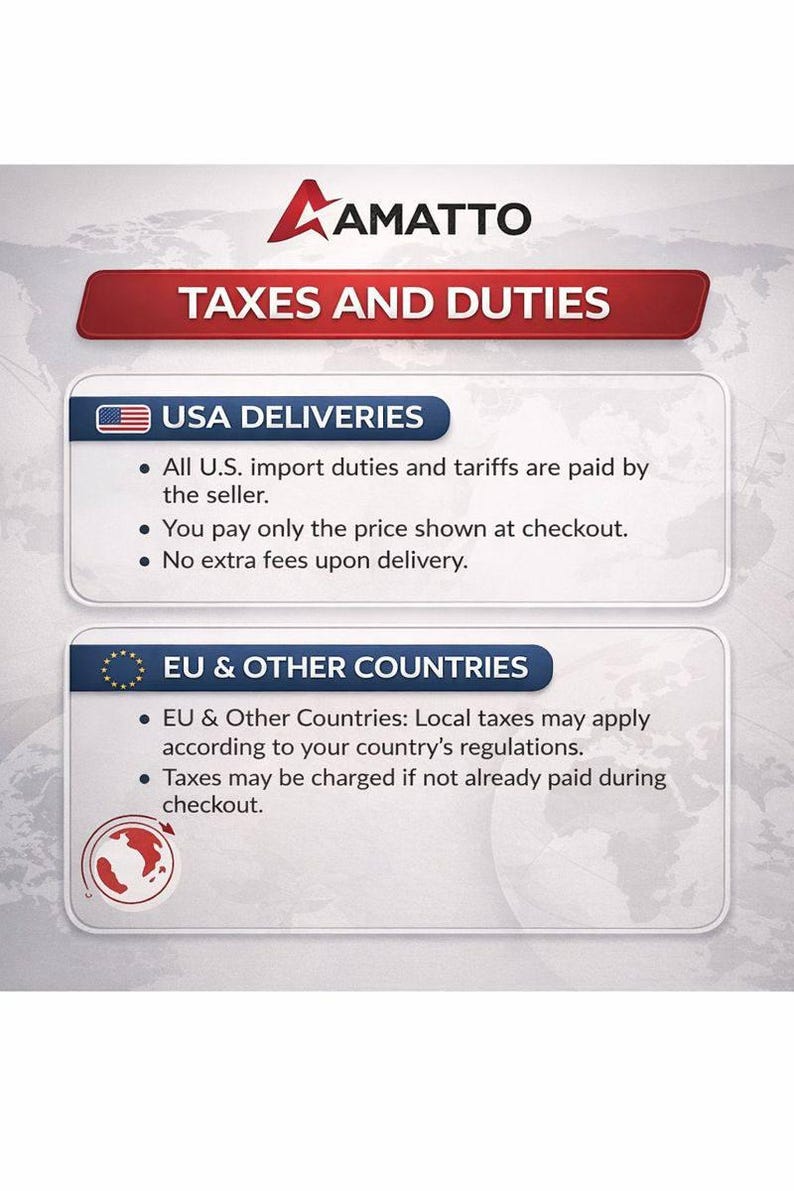 May include: Graphic with the text "TAXES AND DUTIES" and information about USA and EU deliveries. The USA section states that import duties and tariffs are paid by the seller. The EU section mentions local taxes may apply.