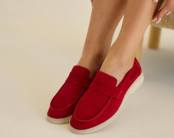 Handmade Red Suede Loafers | Women's Classic Slip-On Shoes