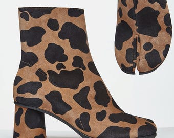 Handmade Suede Tabi Boots: Animal Print Split Toe Leather Shoes