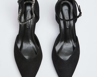 Black Suede High Heel Pumps: Elegant Ankle Strap Shoes
