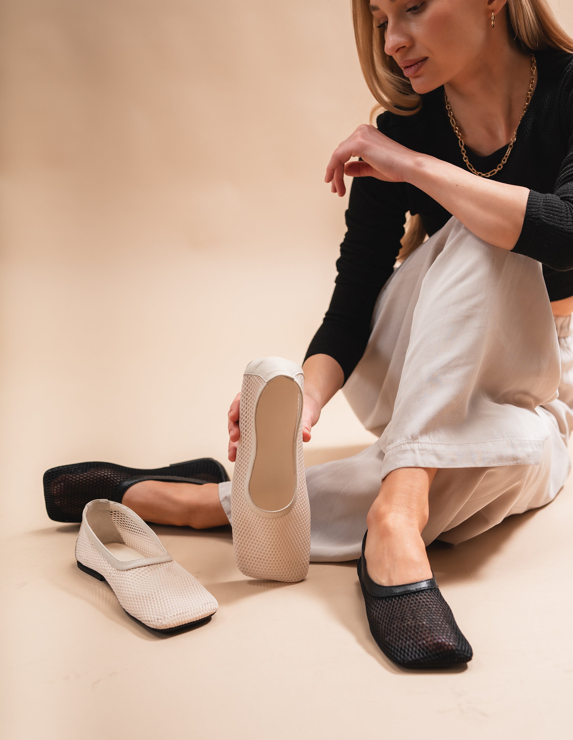 Chic Leather | Mesh Square-toe Ballet Flats | Handcrafted