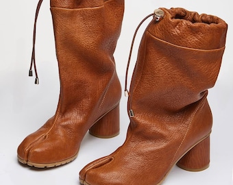 Handmade Orange Leather Tabi Boots: Split Toe Heel Shoes